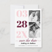 Modernes Rosa, bordeauxfarbene Typografie, zwei Fo Save The Date (Vorderseite)