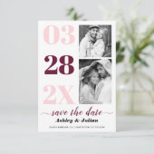 Modernes Rosa, bordeauxfarbene Typografie, zwei Fo Save The Date (Stehend Vorderseite)