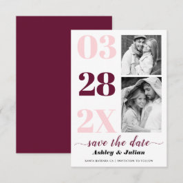 Modernes Rosa, bordeauxfarbene Typografie, zwei Fo Save The Date