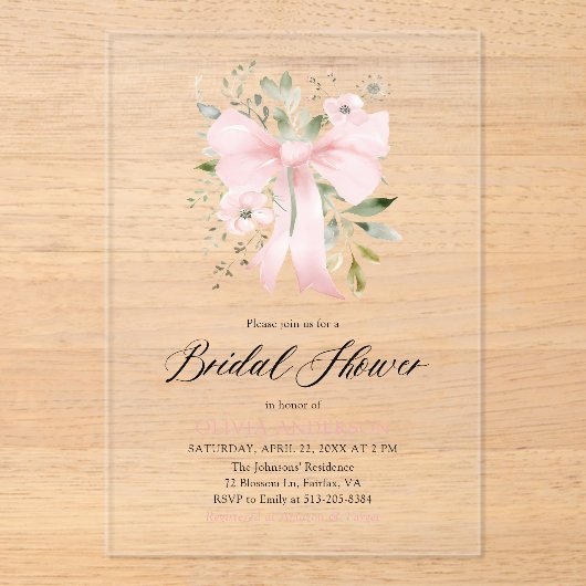 Modernes rosa Bow Coquette Brautparty Acryleinladungen (Vorderseite)