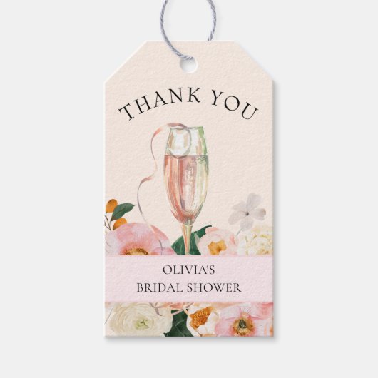 Modernes rosa Brautparty mit floralen Champagner Geschenkanhänger (Vorderseite)