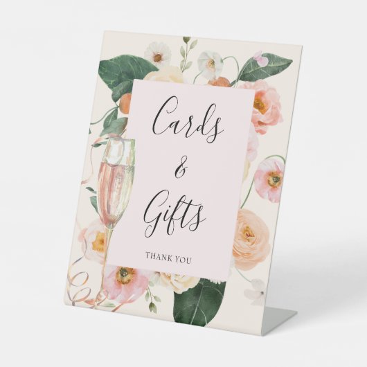 Modernes rosa Brautparty mit floralen Champagner Sockelschild (Vorderseite)