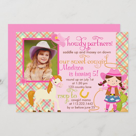 Modernes rosa Cowgirl-kleines Pferdeniedliches Einladung (Vorne/Hinten)
