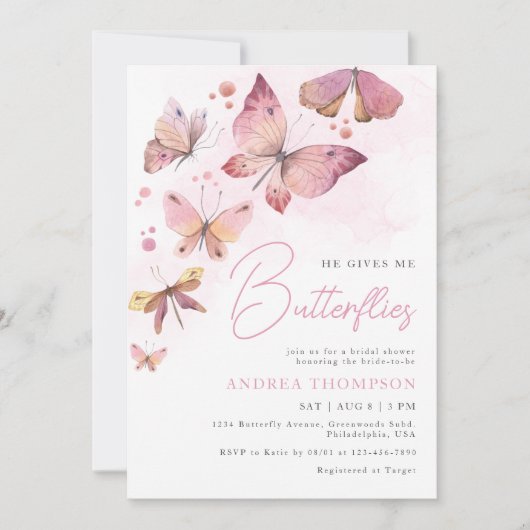 Modernes Rosa Er gibt mir Schmetterlinge Brautpart Einladung (Vorderseite)