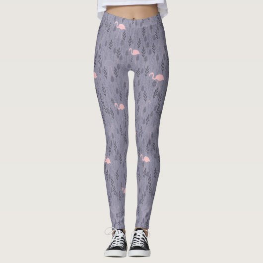 Modernes rosa Flamingo Dark Lila Blüte Gemustert Leggings (Vorderseite)