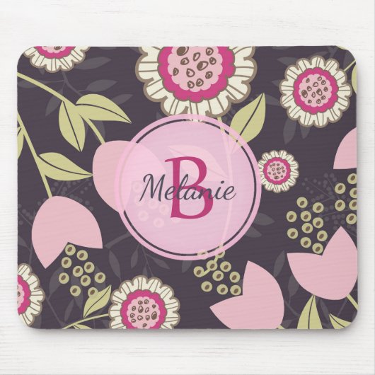 Modernes rosa florales Muster Monogramm Mousepad (Vorne)