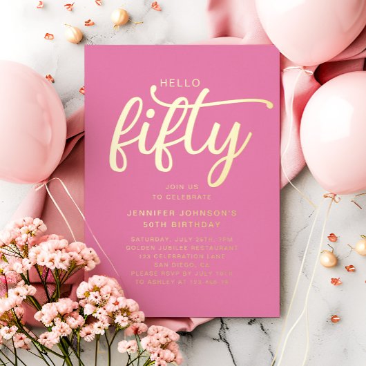 Modernes, rosa Fünfzig und prachtvolles 50. Geburt Folieneinladung