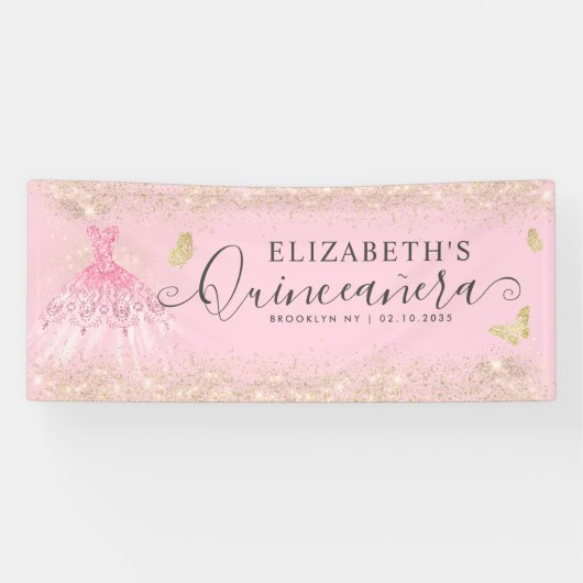 Modernes Rosa Gold Gourmet Quinceañera Willkommen Banner (Horizontal)