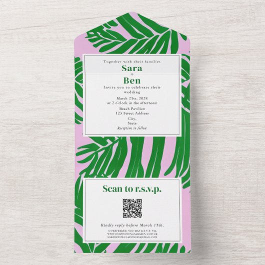 Modernes Rosa + Green Beach Wedding QR Code UAWG All In One Einladung (Innen Boden)