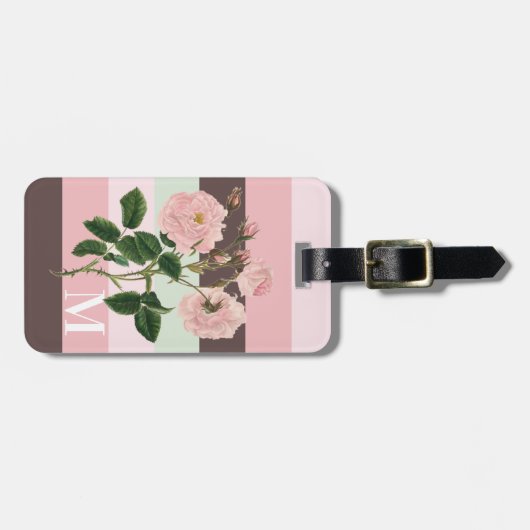 Modernes rosa, grün gestrichelte Blumenmonogramm Gepäckanhänger (Vorderseite horizontal)