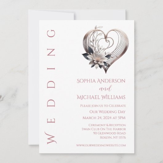 Modernes rosa Herz mit Blume Hochzeit Einladung (Vorderseite)