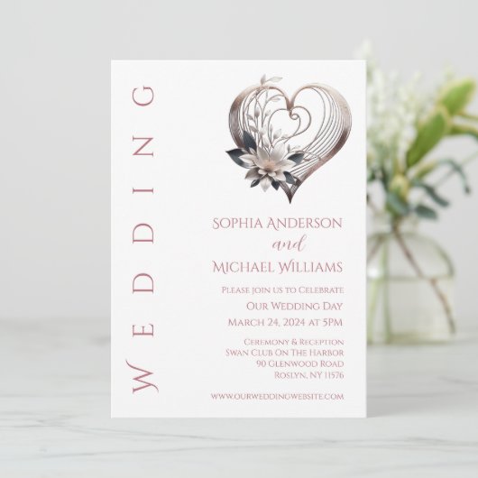 Modernes rosa Herz mit Blume Hochzeit Einladung (Stehend Vorderseite)