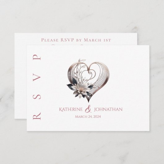Modernes rosa Herz mit Blume Hochzeit RSVP Karte (Vorne/Hinten)