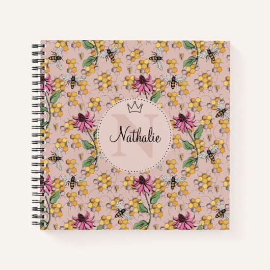 Modernes Rosa Königin Bienen und Blume Monogramm Notizblock (Vorderseite)