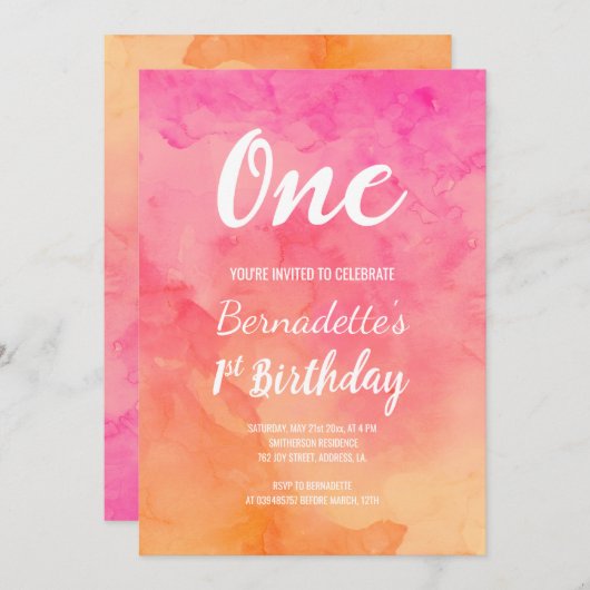 Modernes rosa korallenrotes Aquarell ombre erster Einladung (Vorne/Hinten)