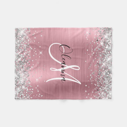 Modernes rosa Ombre Foil Silver Glitzer Monogram Fleecedecke (Vorderseite (Horizontal))