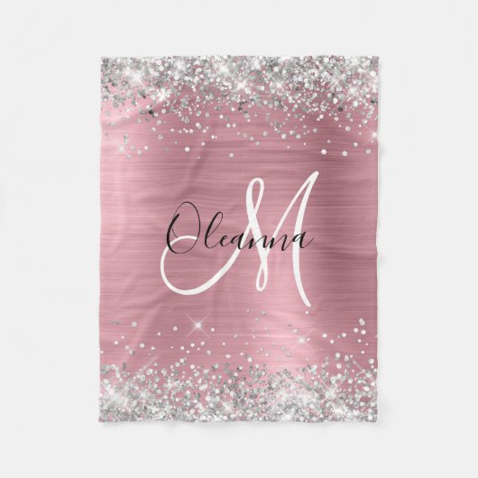 Modernes rosa Ombre Foil Silver Glitzer Monogram Fleecedecke (Vorderseite)