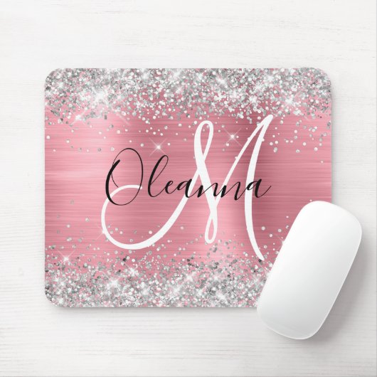 Modernes rosa Ombre Foil Silver Glitzer Monogram Mousepad (Mit Mouse)