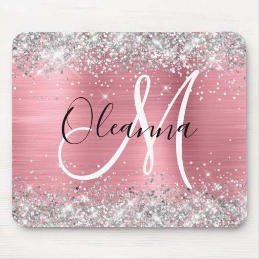 Modernes rosa Ombre Foil Silver Glitzer Monogram Mousepad (Vorne)