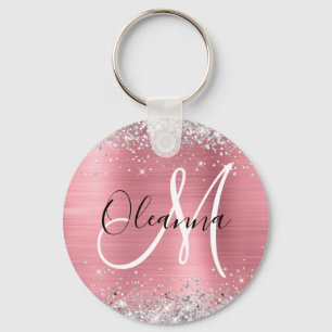 Modernes rosa Ombre Foil Silver Glitzer Monogram Schlüsselanhänger