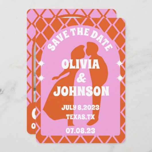 Modernes rosa Orange Retro Boho Arch Bold Date Save The Date (Vorne/Hinten)