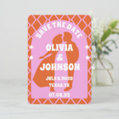 Modernes rosa Orange Retro Boho Arch Bold Date Save The Date (Stehend Vorderseite)