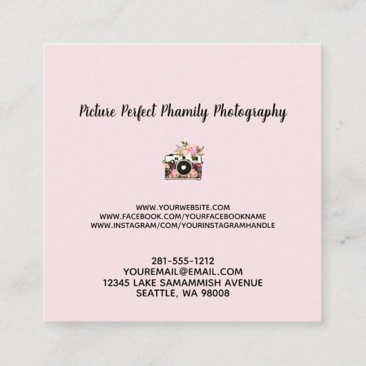 Modernes rosa Rosen-Goldblumenkamera-Fotograf Quadratische Visitenkarte (Rückseite)