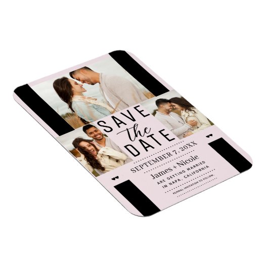 Modernes Rosa Save the Date 3 Foto Hochzeit Magnet (Rechte Seite)