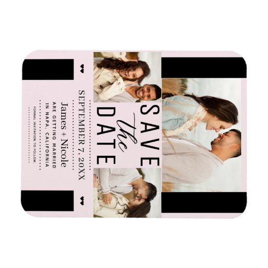Modernes Rosa Save the Date 3 Foto Hochzeit Magnet (Horizontal)