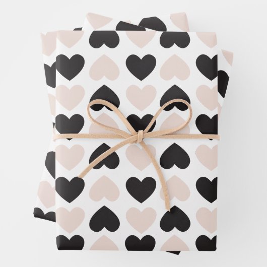 Modernes, rosa Schwarz Liebe Herzmuster Geschenkpapier Set (Beispiel)