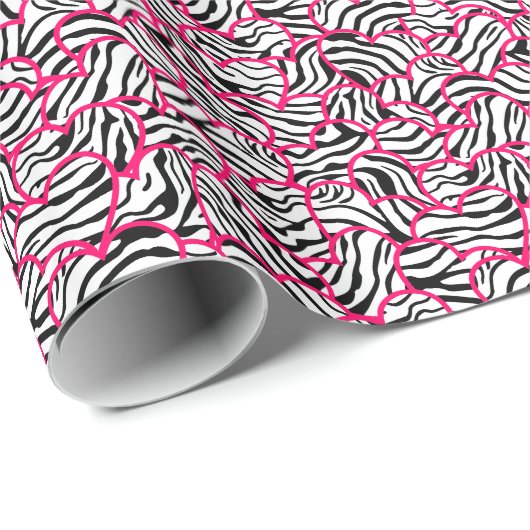 Modernes rosa Schwarz Modernes Zebra Herz Muster Geschenkpapier (Rolleneckpunkt)