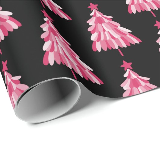 Modernes, rosa Schwarzes Weihnachtsbaummuster Geschenkpapier (Rolleneckpunkt)