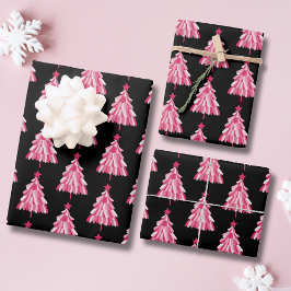 Modernes, rosa Schwarzes Weihnachtsbaummuster Geschenkpapier Set