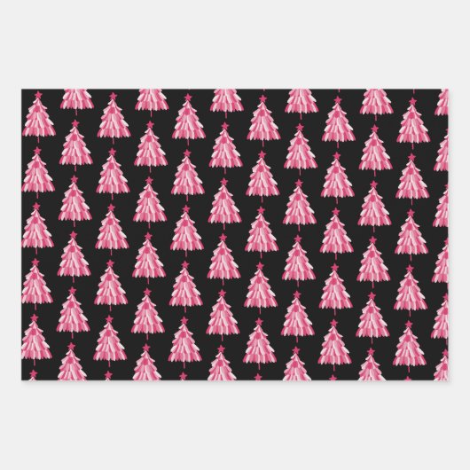 Modernes, rosa Schwarzes Weihnachtsbaummuster Geschenkpapier Set (Vorderseite 2)