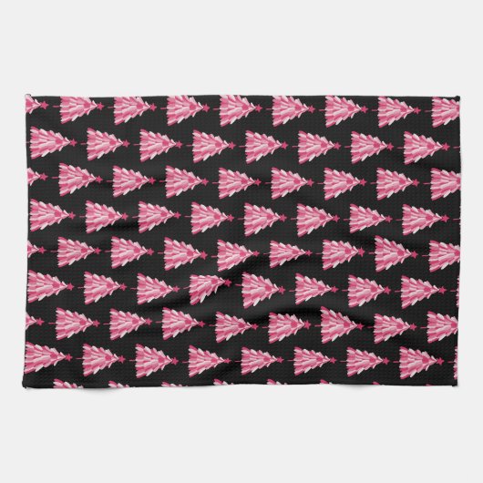 Modernes, rosa Schwarzes Weihnachtsbaummuster Geschirrtuch (Horizontal)