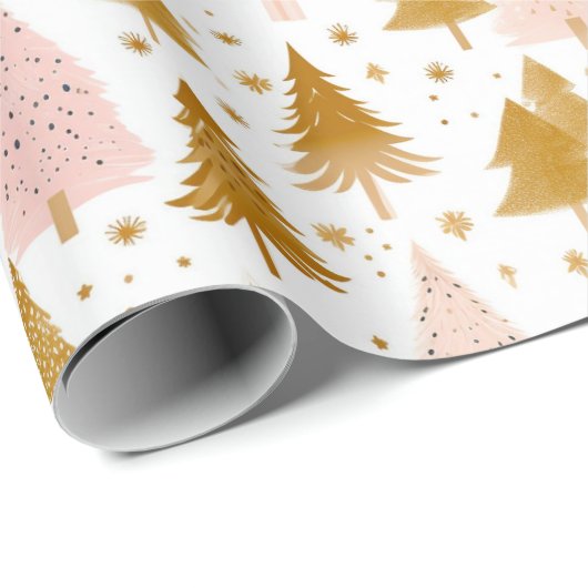 Modernes, rosa und goldenes Weihnachtsbaummuster Geschenkpapier (Rolleneckpunkt)