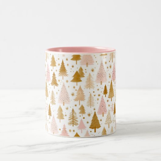 Modernes, rosa und goldenes Weihnachtsbaummuster Zweifarbige Tasse (Mittel)