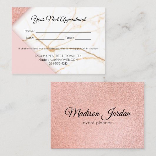Modernes Rosa- und Goldmarmor Terminkarte (Vorne/Hinten)