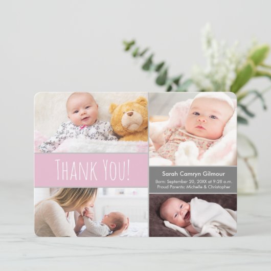 Modernes Rosa und Grau Begrüßung Zuhause Baby Girl Dankeskarte (Stehend Vorderseite)