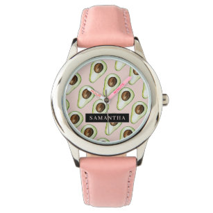 Modernes rosa und grünes Avocado-Muster mit Namen Armbanduhr