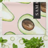 Modernes rosa und grünes Avocado-Muster mit Namen Geschirrtuch (Gefaltet)