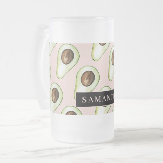 Modernes rosa und grünes Avocado-Muster mit Namen Mattglas Bierglas (Vorderseite Links)