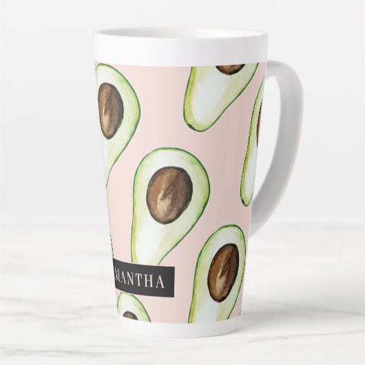 Modernes rosa und grünes Avocado-Muster mit Namen Milchtasse (Rechte Ecke)