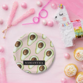 Modernes rosa und grünes Avocado-Muster mit Namen Pappteller (Party)