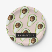 Modernes rosa und grünes Avocado-Muster mit Namen Pappteller (Vorderseite)