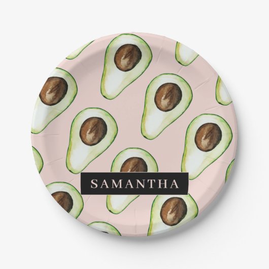 Modernes rosa und grünes Avocado-Muster mit Namen Pappteller (Vorderseite)