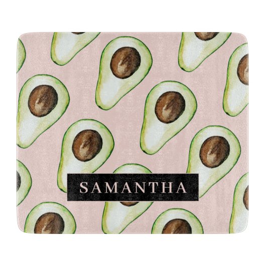 Modernes rosa und grünes Avocado-Muster mit Namen Schneidebrett (Vorderseite)