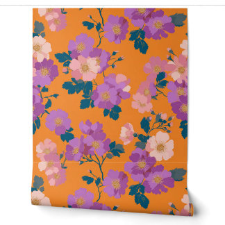 Modernes Rosa und Lila Blüten in Orange Tapete