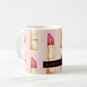 Modernes rosa und rotes Lipstick Muster Mädchen mi Kaffeetasse (Vorderseite Links)