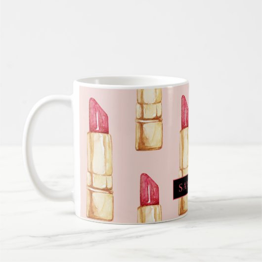 Modernes rosa und rotes Lipstick Muster Mädchen mi Kaffeetasse (Links)
